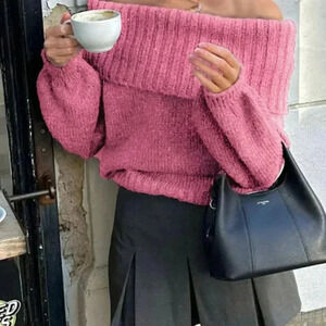 Pink Casual Women's Off-Shoulder Loose Sweater
